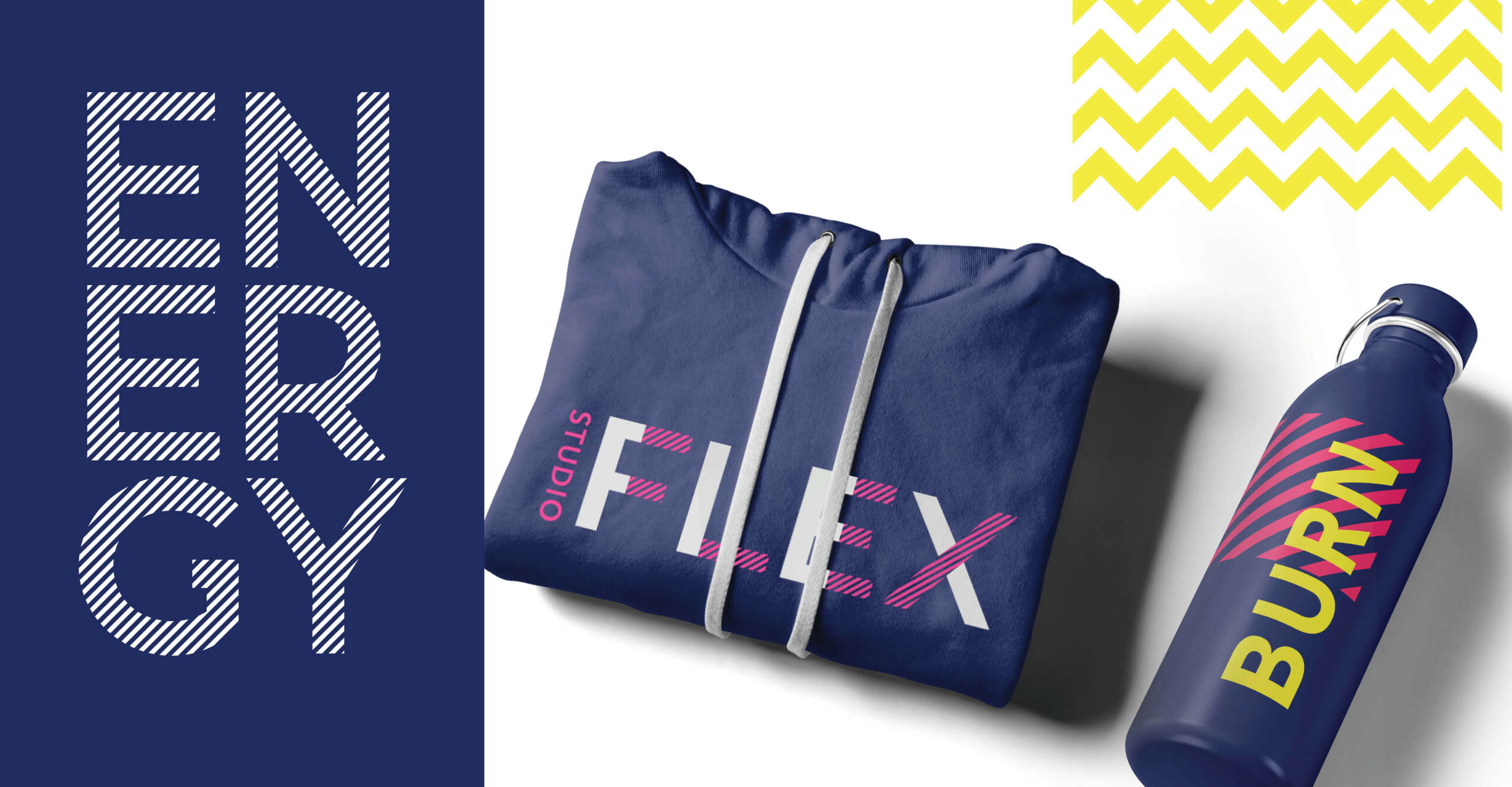 Studio Flex merchandise including hoodie and water bottle