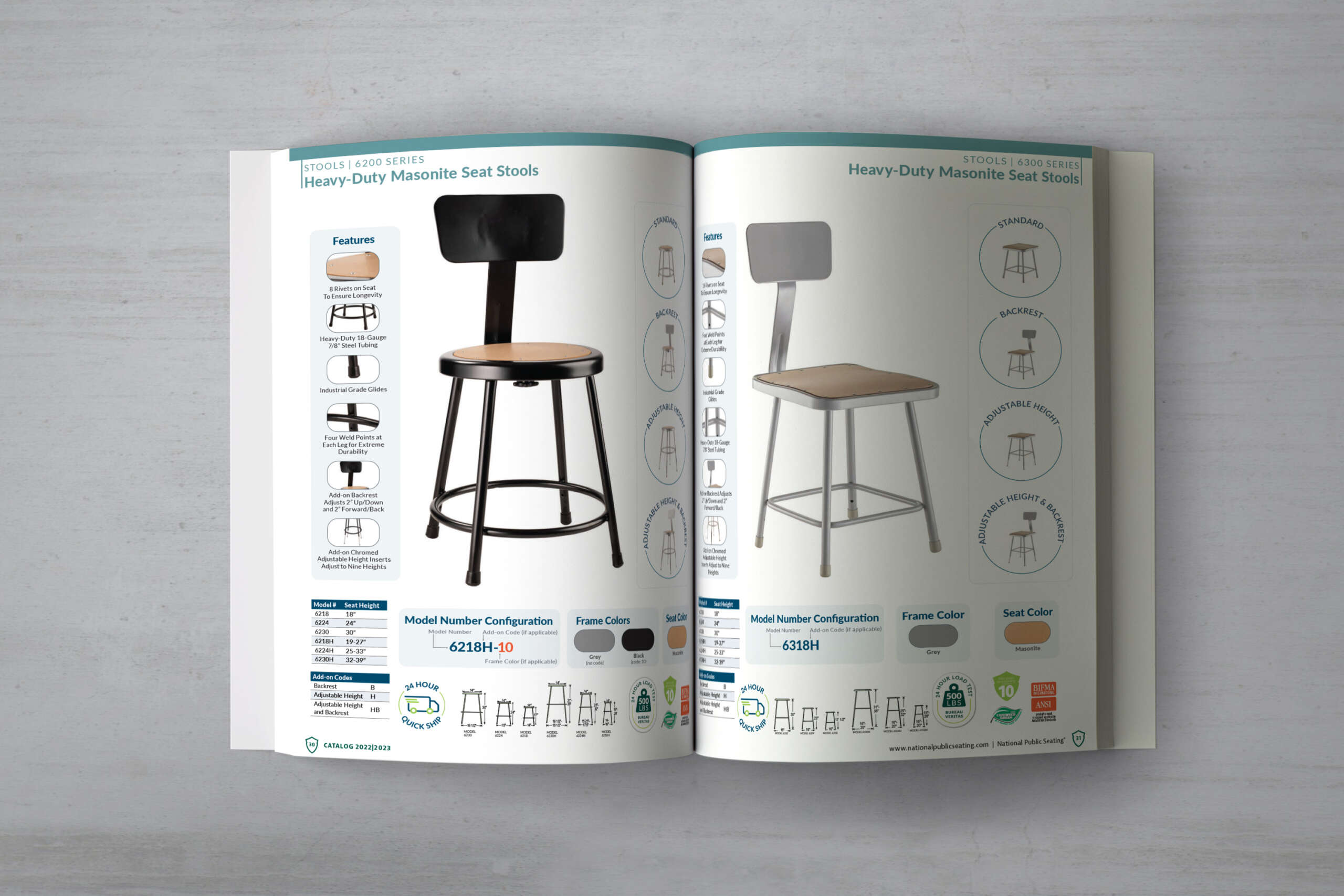 National Public Seating catalog open spread of seat stools